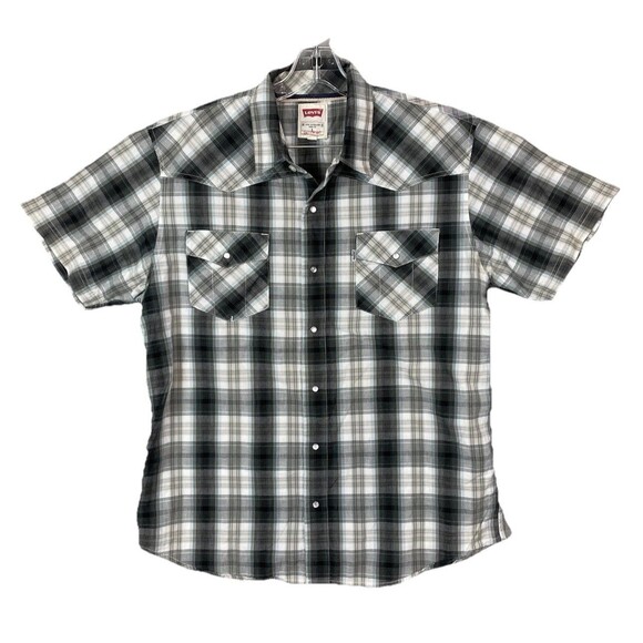 Levis Mens Large Plaid Pearl Snap Shirt Short Sleeve Western Cowboy Gorpcore Y2K - Picture 1 of 11